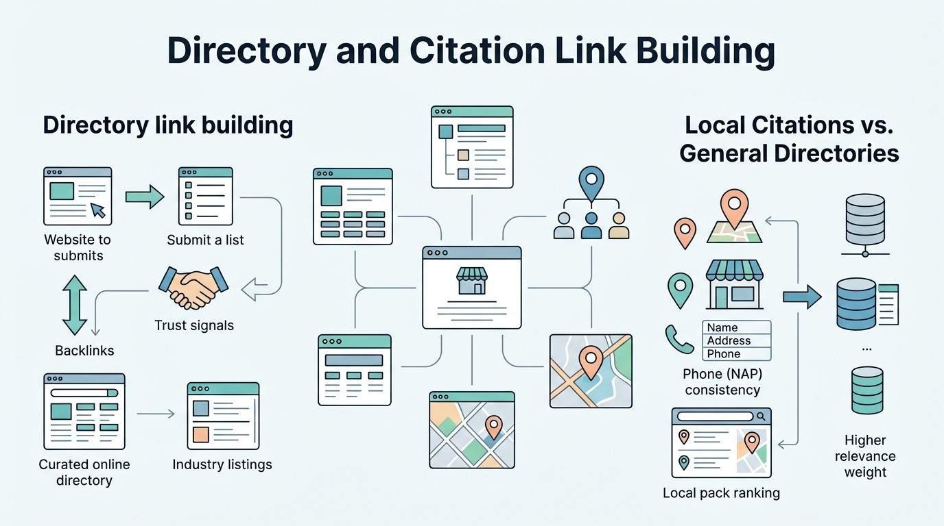 Infographic explaining directory and citation link building, showing directory submissions, industry listings, backlinks, trust signals, and local citations with consistent business name, address, and phone information.