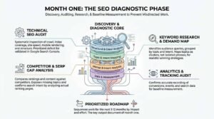 Month one SEO diagnostic phase infographic detailing technical SEO audits, competitor SERP gap analysis, keyword demand mapping, analytics audits, and a prioritized strategic roadmap.