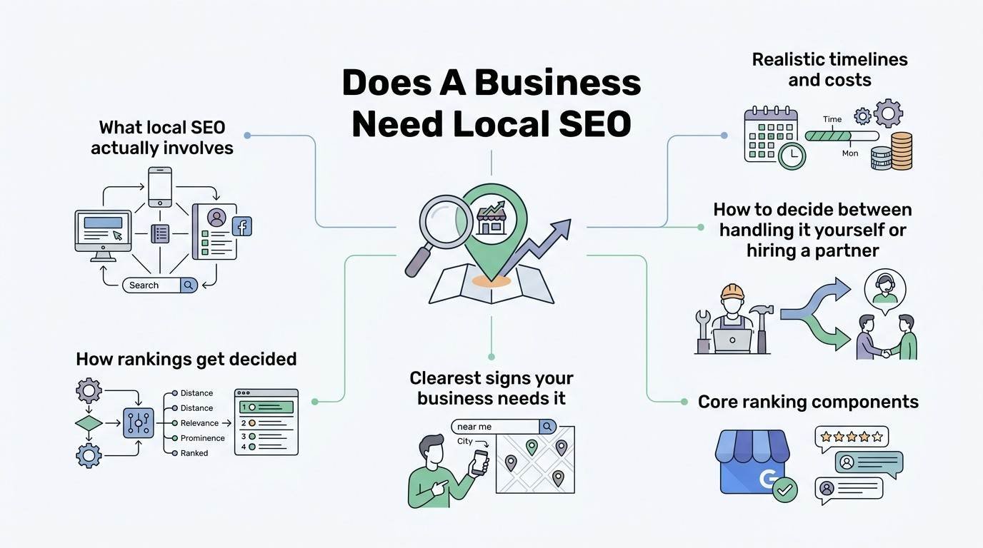 Infographic titled Does A Business Need Local SEO outlining six strategic modules: What local SEO actually involves, How rankings get decided, Clearest signs your business needs it, Realistic timelines and costs, How to decide between handling it yourself or hiring a partner, and Core ranking components around a central map magnifying glass.