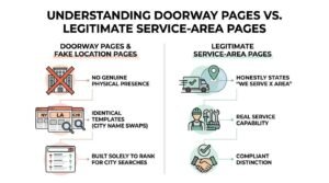 Infographic titled UNDERSTANDING DOORWAY PAGES VS. LEGITIMATE SERVICE-AREA PAGES contrasting Doorway Pages & Fake Location Pages (No genuine physical presence, identical templates with city name swaps, built solely to rank for city searches) against Legitimate Service-Area Pages (Honestly states 'We serve X area', real service capability, compliant distinction).