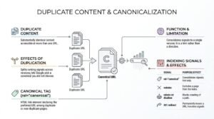 Duplicate content and canonicalization infographic illustrating multiple duplicate URLs pointing to a single preferred canonical URL, alongside a reference table comparing the effects of rel=canonical, noindex, robots.txt disallow, and 301 redirects.