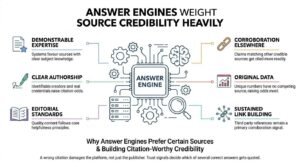 Source credibility in answer engines infographic illustrating six trust pillars that influence AI citations: demonstrable expertise, clear authorship, editorial standards, corroboration elsewhere, original data, and sustained link building.