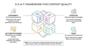 E-E-A-T framework for content quality infographic showing four interlocking building blocks labeled Experience, Expertise, Authoritativeness, and Trust against a protective shield, detailing key optimization signals for each pillar.