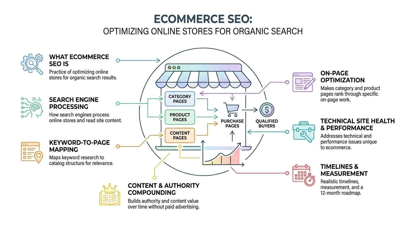 Ecommerce SEO infographic illustrating how optimizing online stores for organic search guides visitors through category, product, and content pages toward purchase pages to generate qualified buyers and sales.