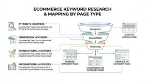 Ecommerce keyword research and mapping by page type infographic illustrating a three-stage purchase funnel (research, evaluation, purchase) paired with query modifiers and their corresponding page formats.
