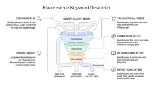 Ecommerce keyword research infographic showing a tiered search term funnel mapping transactional, commercial, informational, and navigational query intents to specific e-commerce page types.
