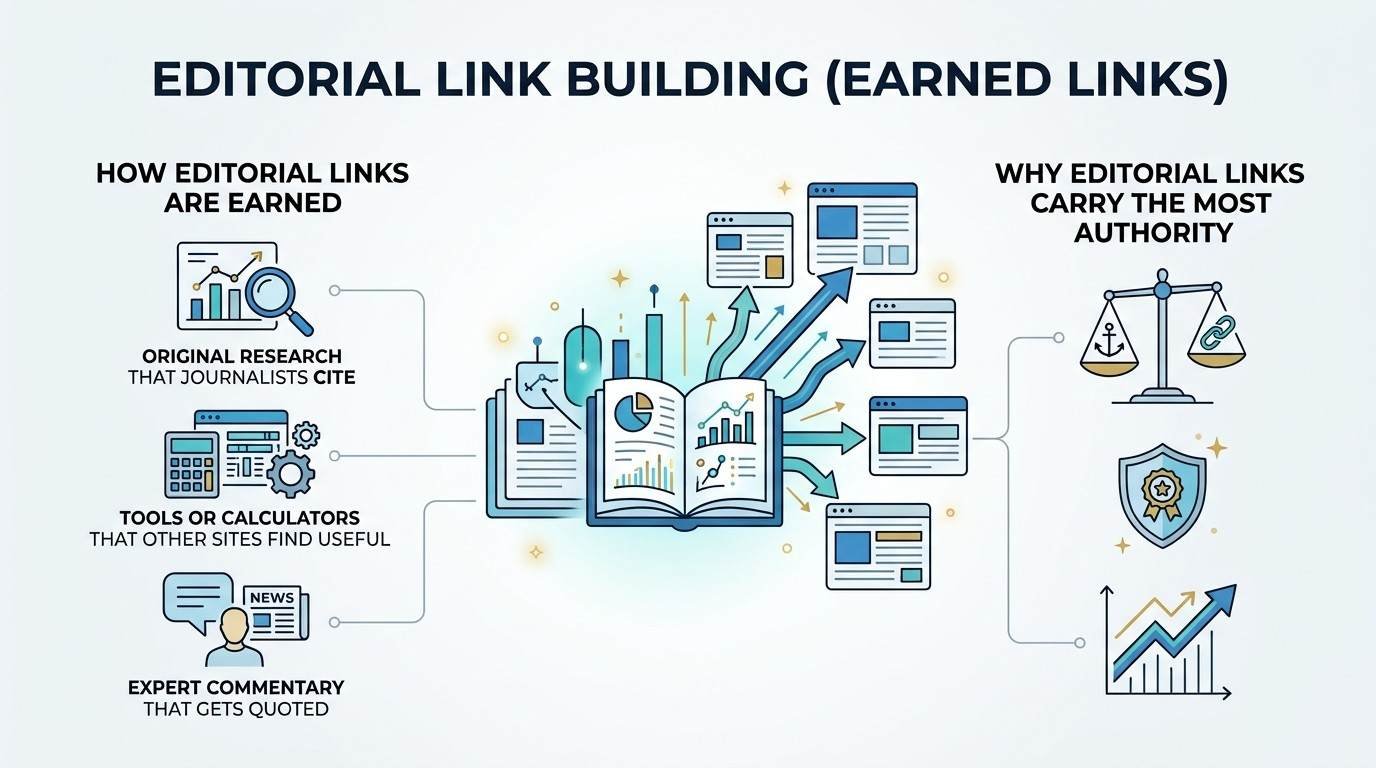 Infographic explaining editorial link building through original research, useful tools and calculators, and quoted expert commentary, with links from other websites shown as earned authority signals.