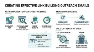 Infographic titled CREATING EFFECTIVE LINK BUILDING OUTREACH EMAILS detailing Key Components of an Effective Email (Relevant Ask, Personalized Opening answering Why Me?, Clear Benefit, Short Read under 30 seconds), a Personalization Check rule, Measuring Success via Reply Rate and Placement Rate, and contrasting Cold Outreach (Targeted, Specific Person & Reason) against Spam (Bulk Sending, Irrelevant Message).