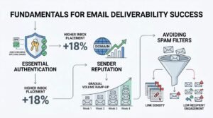 Infographic titled FUNDAMENTALS FOR EMAIL DELIVERABILITY SUCCESS detailing three core pillars: Essential Authentication (checking SPF, DKIM, and DMARC records yielding +18% higher inbox placement), Sender Reputation (domain health and gradual volume ramp-up across Weeks 1 to 4), and Avoiding Spam Filters (evaluating link density, spam filtering funnels, and low recipient engagement).