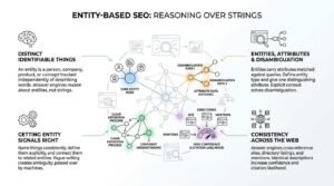 Entity-based SEO infographic illustrating knowledge graph nodes, entity attributes, disambiguation paths, and web-wide consistency that drives high AI confidence and citation likelihood.