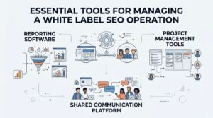 Infographic titled ESSENTIAL TOOLS FOR MANAGING A WHITE LABEL SEO OPERATION categorizing reporting software, project management tools, and shared communication platforms around a central agency-software operational loop.