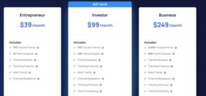 Exploding Topics subscription pricing table displaying three tiers: Entrepreneur at $39/month, Investor at $99/month with a 'BEST VALUE' banner, and Business at $249/month with feature allocations.