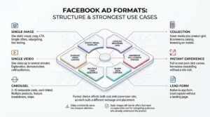 Facebook ad formats infographic breaking down six primary creative structures—single image, single video, carousel, collection, instant experience, and lead form—alongside their strongest strategic use cases arranged around a central digital hub.