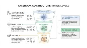 Facebook ad structure infographic breaking down the three-tier hierarchy across Campaign Level, Ad Set Level, and Ad Level in a vertical funnel diagram, complete with configuration settings, troubleshooting insights, and common beginner pitfalls.