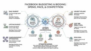Facebook budgeting and bidding infographic illustrating spend, pace, and competition controls, comparing daily, lifetime, and CBO budgets against highest volume, cost per result, and ROAS goal bidding strategies.