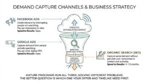 Demand capture channels and business strategy infographic comparing Facebook Ads, Google Ads, and Organic Search SEO across intent type, pricing model, and speed to results within a conversion funnel.