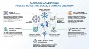 Facebook advertising infographic outlining platform benefits across reach and scale, audience targeting, lower cost per click, and demand creation, centered around a megaphone and conversion funnel illustration.