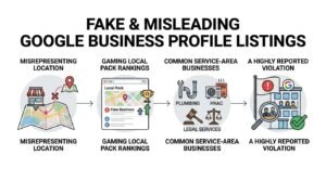 ISTINGS outlining four stages: Misrepresenting Location with invalid map coordinates, Gaming Local Pack Rankings showing a fake business artificially elevated with a trophy in search results, Common Service-Area Businesses heavily targeted including Plumbing, HVAC, and Legal Services, and A Highly Reported Violation showing manual redressal audits of Google listings ending in enforcement.
