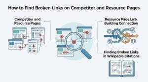 Infographic titled How to Find Broken Links on Competitor and Resource Pages illustrating three core components: Competitor and Resource Pages audited via a central magnifying glass revealing dead links with red X markers, routing into a Resource Page Link Building Connection workflow engine on the top right, and Finding Broken Links in Wikipedia Citations shown as an open Wikipedia book with flagged citations on the bottom right.