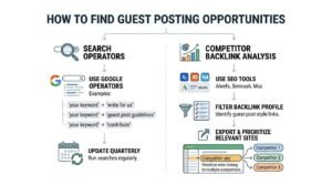 Infographic titled HOW TO FIND GUEST POSTING OPPORTUNITIES comparing two discovery methods: Search Operators on the left (using Google operators like 'your keyword' + 'write for us', 'guest post guidelines', or 'contribute', updated quarterly) and Competitor Backlink Analysis on the right (using SEO tools like Ahrefs, Semrush, Moz to filter backlink profiles for guest-post-style links and exporting/prioritizing sites linking to multiple competitors).