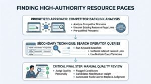 Infographic titled FINDING HIGH-AUTHORITY RESOURCE PAGES detailing a three-tier vertical workflow: 1. Prioritized Approach: Competitor Backlink Analysis (analyze competitor domains, uncover existing resource page links, pre-qualified prospects for higher acceptance rates), 2. Secondary Technique: Search Operator Queries (run keyword searches like intitle:'resources' + keyword, surface indexed curated lists, use multiple query variations), and 3. Critical Final Step: Manual Quality Review (judge quality personally, review flagged candidates, human insight over automated tools).