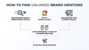 Infographic titled HOW TO FIND UNLINKED BRAND MENTIONS detailing a 5-part workflow: three discovery channels (Run Branded Search Operators in Google, Set Up Google Alerts, and Use Backlink Tool Content Search) converging into 'Cross-Reference to Isolate Unlinked Mentions' (comparing linked vs. unlinked mentions), which filters downward into 'Filter Out False Positives' via a funnel with check and minus indicators.