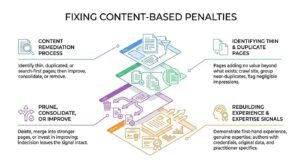 Fixing content-based penalties infographic illustrating the remediation process of identifying thin or duplicate pages, deciding to prune, consolidate, or improve them, and rebuilding experience and expertise signals.