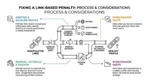 Fixing a link-based penalty infographic showing a pipeline workflow for auditing backlink profiles, classifying domains, conducting manual removal outreach, submitting disavow files, and understanding when disavow helps versus hurts.