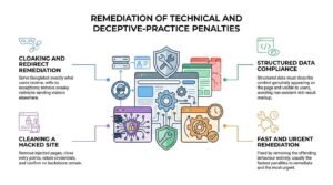 Remediation of technical and deceptive-practice penalties infographic illustrating solutions for cloaking, sneaky redirects, hacked site cleanup, structured data spam compliance, and fast penalty removal.