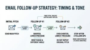 Infographic detailing the ideal Email Follow-Up Strategy for outreach campaigns, recommending a three-touch sequence—Initial Pitch, a shorter Follow-Up #1 offering a fresh angle after 4–7 days, and an even shorter Follow-Up #2 after another 4–7 days—before stopping completely and marking contacts unresponsive to preserve sender reputation and respect recipient inboxes.