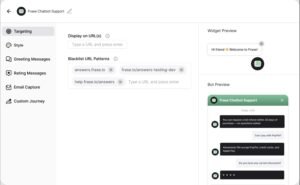 Frase Chatbot Support settings dashboard displaying URL targeting rules alongside interactive mobile widget and automated Q&A bot previews.