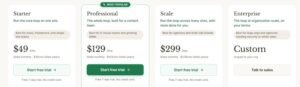 Frase.io subscription pricing matrix comparing Starter at $49/mo, Professional at $129/mo, Scale at $299/mo, and Custom Enterprise pricing with monthly and yearly options.
