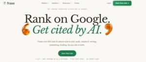 Frase.io homepage hero banner titled 'Rank on Google. Get cited by AI.' featuring glowing quotation marks and call-to-action buttons for starting a 7-day free trial.