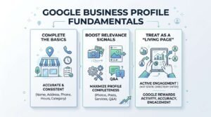 Infographic titled GOOGLE BUSINESS PROFILE FUNDAMENTALS illustrating three sequential pillars: Complete the Basics (accurate and consistent Name, Address, Phone, Hours, Category), Boost Relevance Signals (maximize profile completeness with Photos, Posts, Services, Q&A, and trending growth), and Treat as a 'Living Page' (active engagement rather than a static directory entry, showing Google rewards activity, accuracy, and engagement on a digital tablet).