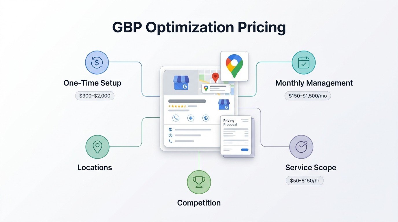 GBP optimization pricing infographic showing one-time setup, monthly management, locations, competition, and service scope with example pricing ranges.