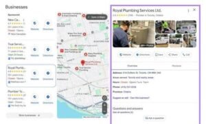Google Maps local pack search results interface displaying plumbing businesses on a map alongside an expanded Google Business Profile panel for Royal Plumbing Services Ltd.