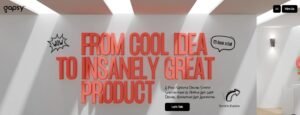 Screenshot of the Gapsy Studio homepage displaying bold 3D red typography reading 'FROM COOL IDEA TO INSANELY GREAT PRODUCT' in a gallery interior setting with a 'Let's Talk' button.
