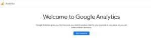Google Analytics welcome screen featuring the platform logo, introductory headline, value proposition copy, and a blue 'Start measuring' call-to-action button.