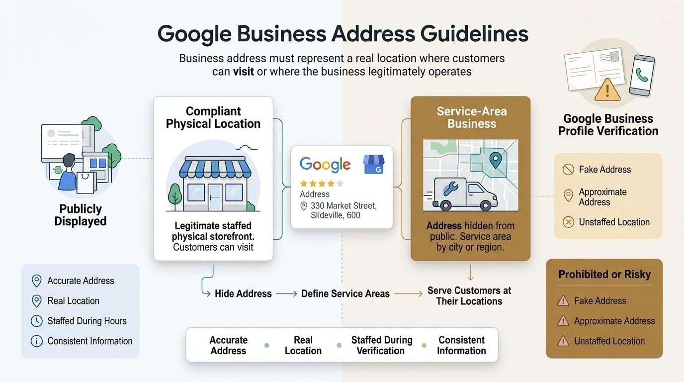 Infographic explaining Google Business Profile address guidelines, comparing compliant physical locations and service-area businesses while highlighting accurate addresses, real locations, staffed businesses, and prohibited fake or approximate addresses.