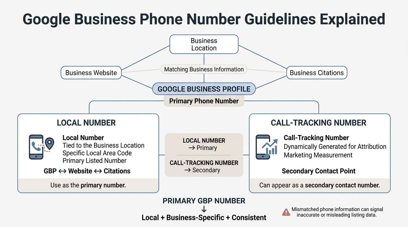 Infographic explaining Google Business Profile phone number guidelines, showing how a local primary number should remain consistent across the GBP, website, and business citations, while call-tracking numbers can serve as secondary contact numbers.