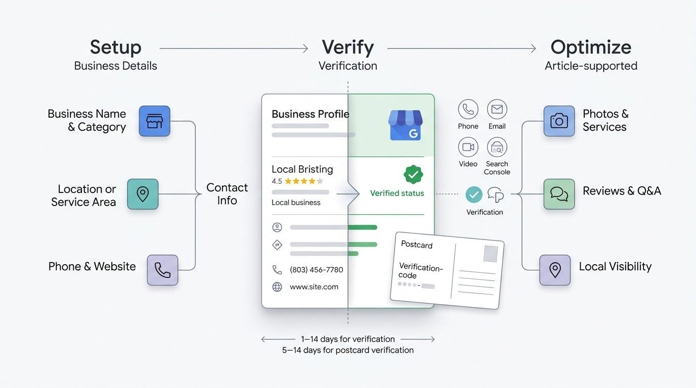 Infographic showing the Google Business Profile setup process from entering business details and verification to profile optimization, including contact information, photos, reviews, Q&A, and local visibility.