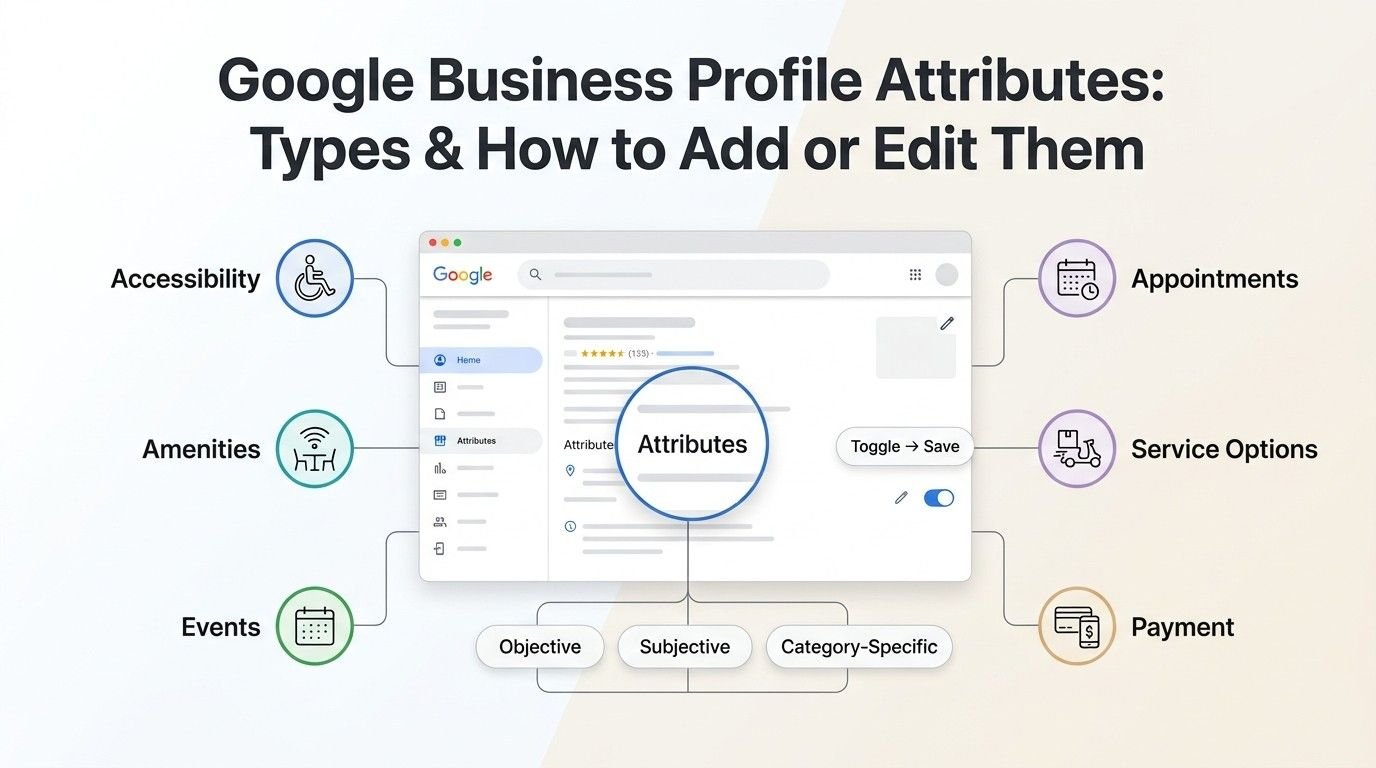 Infographic explaining Google Business Profile attributes, showing attribute types such as accessibility, amenities, events, appointments, service options, and payment, with a toggle-and-save workflow.