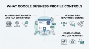 Infographic titled WHAT GOOGLE BUSINESS PROFILE CONTROLS detailing business information and NAP consistency, reviews and reputation signals, and posts, photos, and Q&A features around a central browser map listing hub.