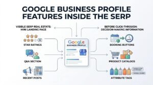 Infographic titled GOOGLE BUSINESS PROFILE FEATURES INSIDE THE SERP breaking down a central Google Business Profile listing card into Visible SERP Real Estate: Mini Landing Page features (Star Ratings, Q&A Section, Recent Posts) and Before Click-Through: Decision-Making Information features (Booking Buttons, Product Catalogs, Attribute Tags like Wheelchair Accessible and Women-Owned).