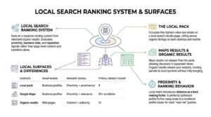 Local search ranking system and surfaces infographic detailing how Google Business Profiles appear in the Local Pack, Maps, and organic search, including a comparison table of ranking signals.