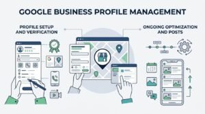 Infographic titled GOOGLE BUSINESS PROFILE MANAGEMENT outlining profile setup and verification alongside ongoing optimization and posts around a central local map listing interface.