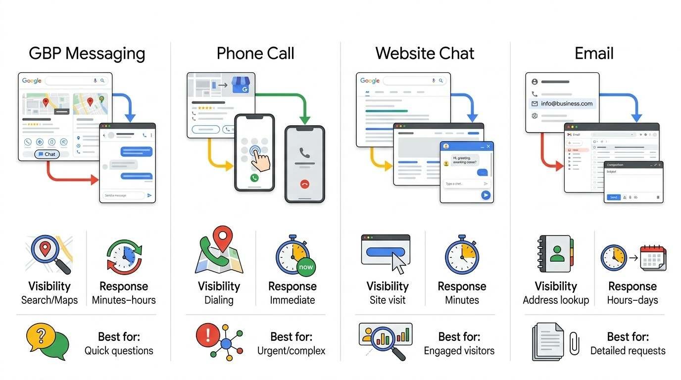 Infographic comparing Google Business Profile messaging with phone calls, website chat, and email by visibility, response time, and best use case.