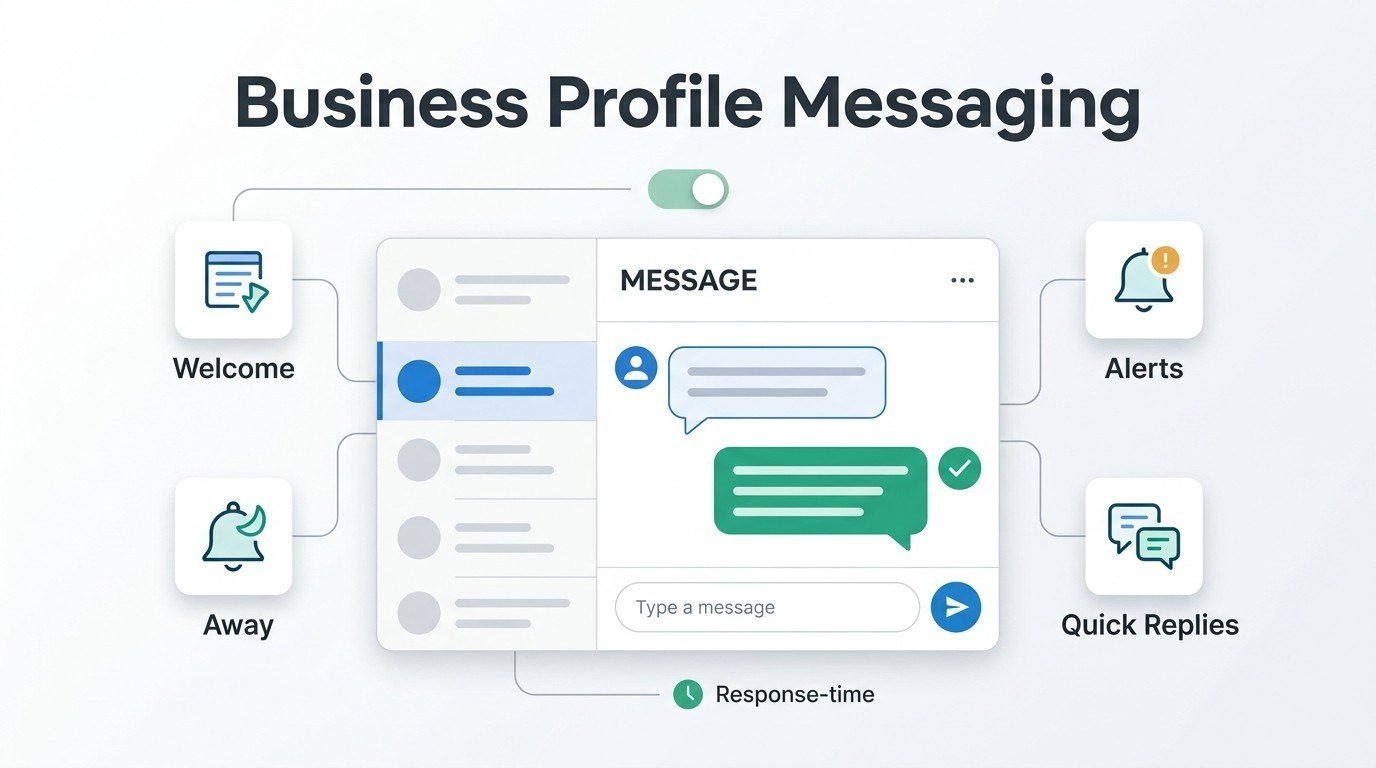 Infographic illustrating Google Business Profile messaging, with messaging enabled for customer conversations, welcome and away messages, alerts, quick replies, and response-time tracking.