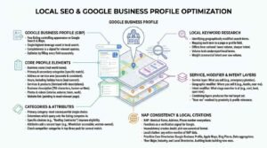 Local SEO and Google Business Profile optimization infographic detailing core profile elements, categories and attributes, local keyword research, intent layers, and NAP consistency