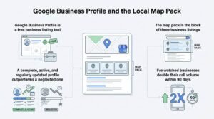 Infographic titled Google Business Profile and the Local Map Pack showing a mobile search engine results page with a 3-pack listing, contrasting complete and neglected profile performance against a 2X call volume increase within 90 days.